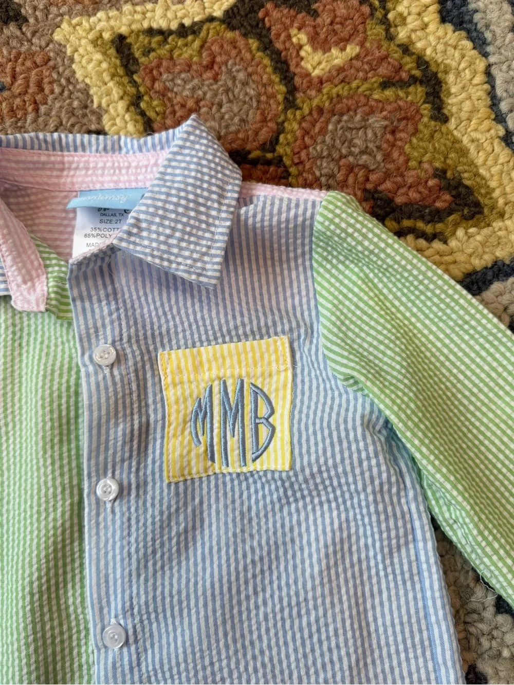 Classic Whimsy Monogram Pastel Seersucker Button-Down Shirt for Kids MBM